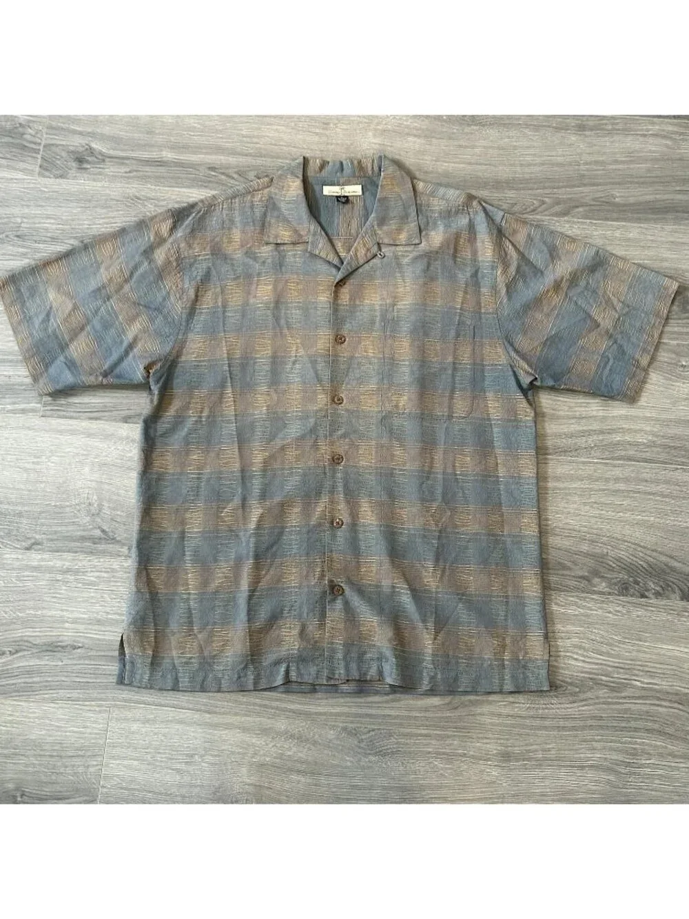Tommy Bahama Shirt Mens M Blue Silk Textured Check Hawaiian Button Up Camp Aloha